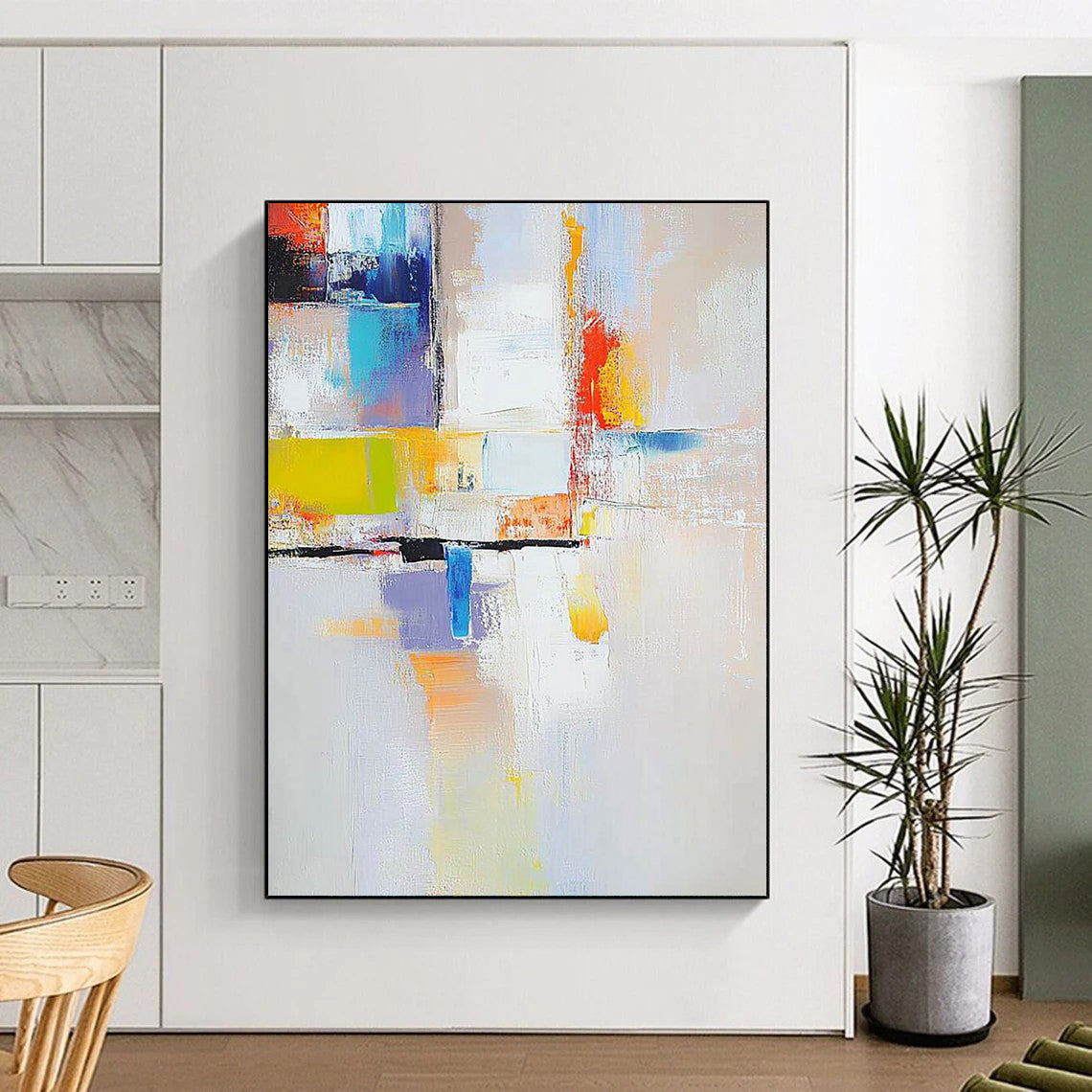 Contemporary hand-painted abstract artwork featuring vibrant colors and dynamic shapes perfect for elevating modern spaces. DLZ1780