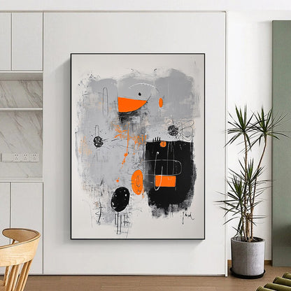 Black, Gray, Orange and White Abstract Fusion "Creative Spark" Painting On Canvas HB328