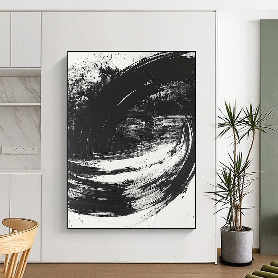 Black, White, Swirling Strokes "Monochrome Vortex" Abstract Modernist Painting On Canvas HB093