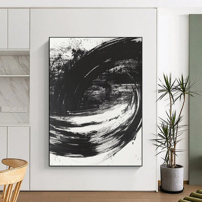 Black, White, Swirling Strokes "Monochrome Vortex" Abstract Modernist Painting On Canvas HB093