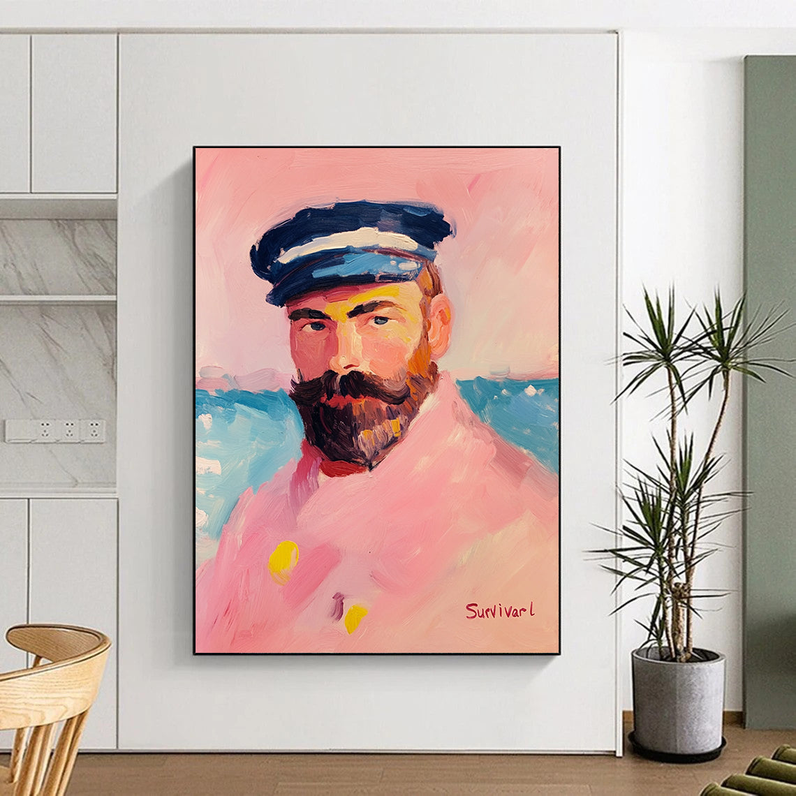 Contemporary hand-painted abstract artwork featuring a sailor in pink attire with a pastel palette and thick brush strokes against a vibrant background. DLZ1408