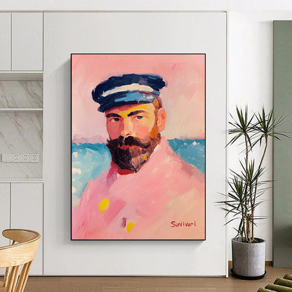 Contemporary hand-painted abstract artwork featuring a sailor in pink attire with a pastel palette and thick brush strokes against a vibrant background. DLZ1408