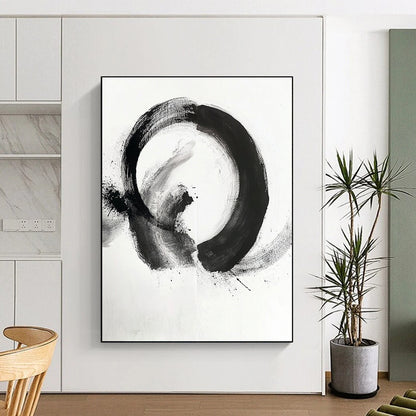 Black and White Mixed Circle "Hybrid Zen" Painting On Canvas HB279