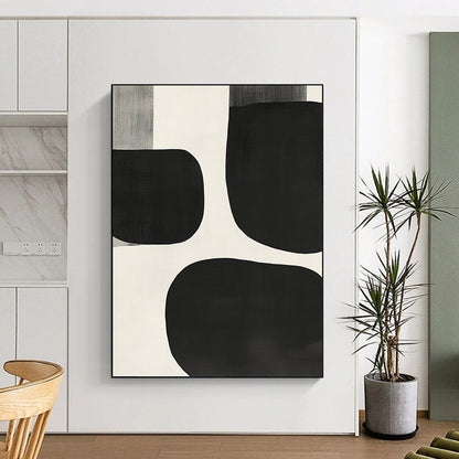 Contemporary hand-painted abstract artwork featuring black and white shapes, overlapping organic forms, soft edges, and a minimalist style inspired by mid-century modern design. DLZ1552