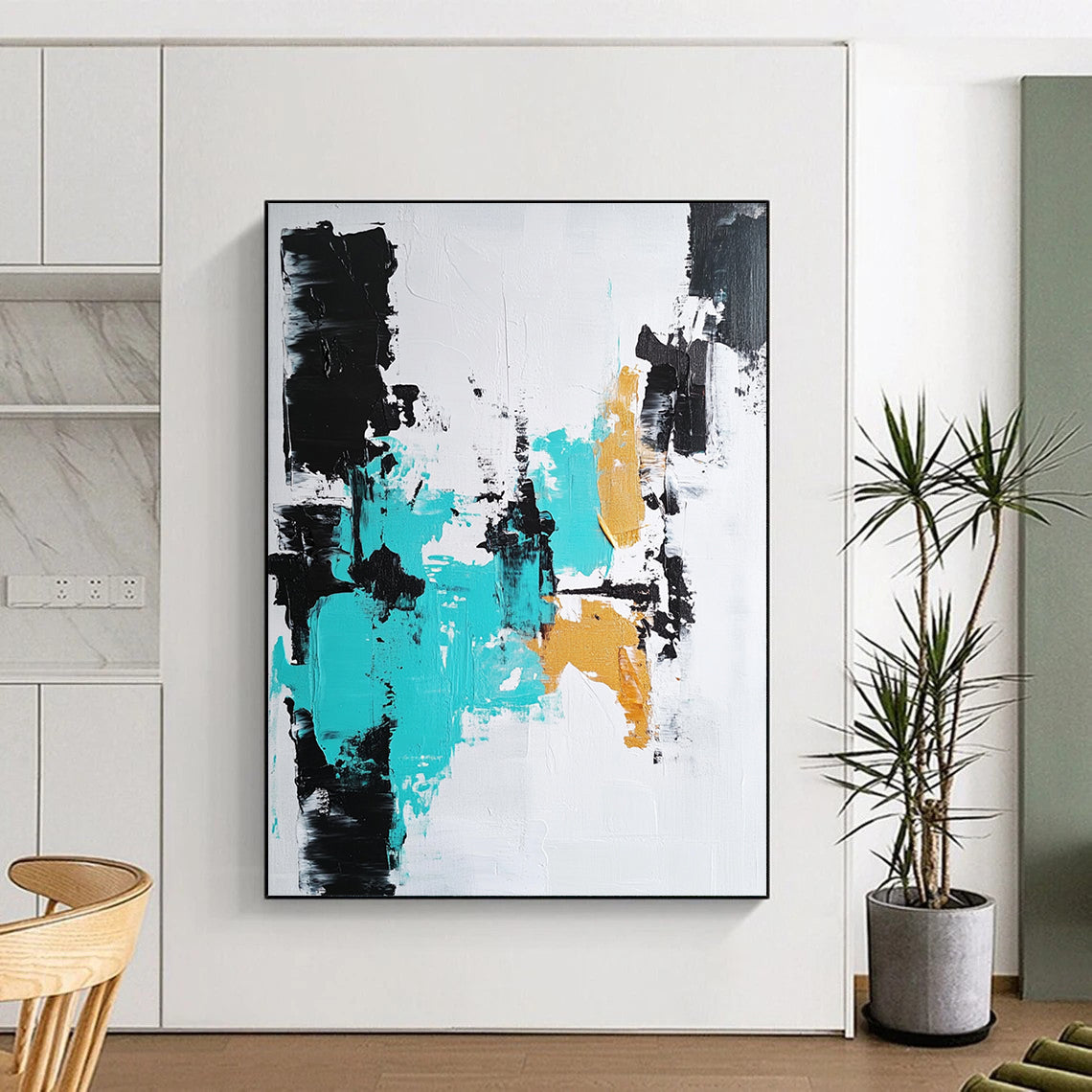 Contemporary hand-painted abstract artwork featuring bold brushstrokes in black, white, and teal, perfect for modern decor. DLZ0819