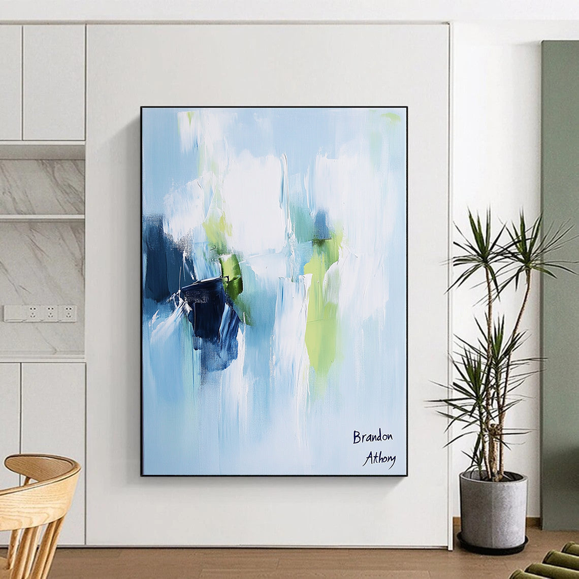 Contemporary hand-painted abstract artwork in light blue, white, and green tones creates a serene and peaceful atmosphere with elegant brush strokes. DLZ1045