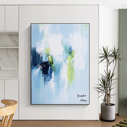 Contemporary hand-painted abstract artwork in light blue, white, and green tones creates a serene and peaceful atmosphere with elegant brush strokes. DLZ1045
