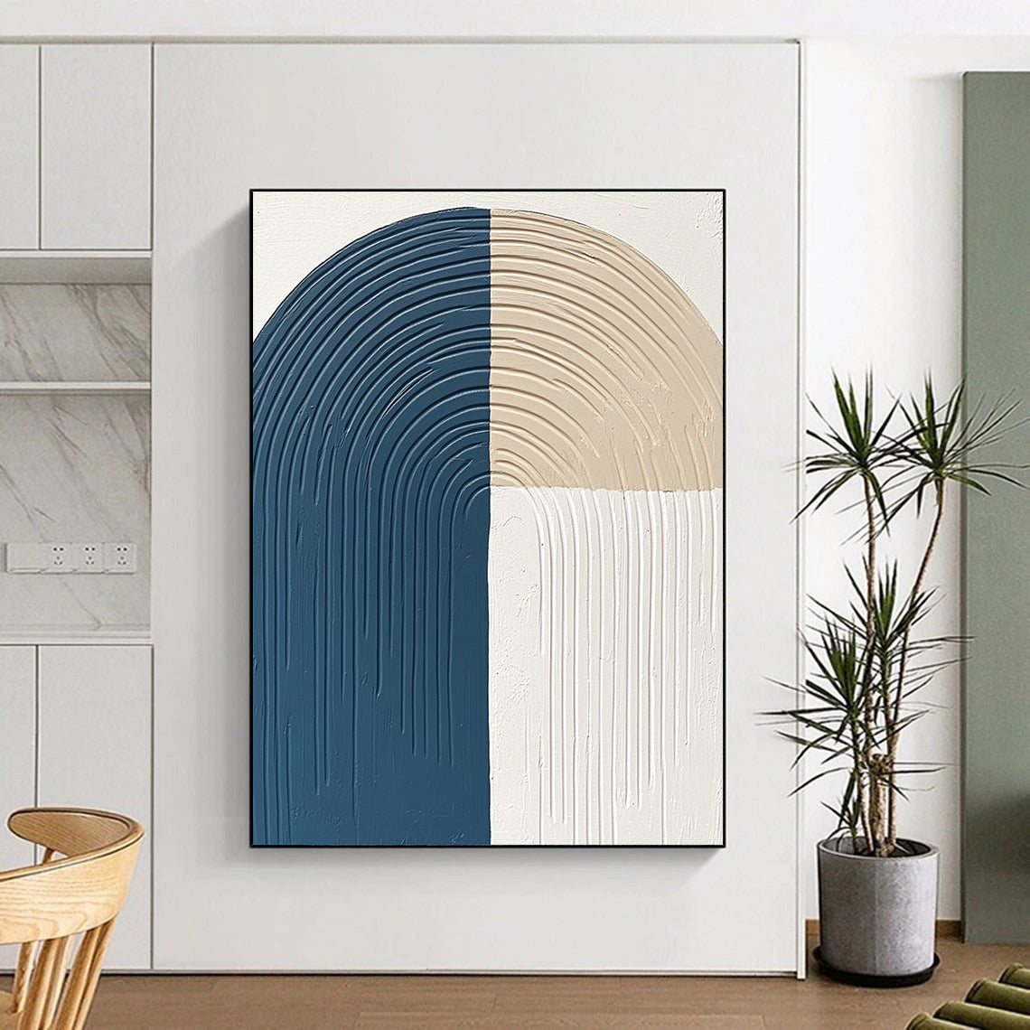 Contemporary hand-painted abstract art features thick lines and curves in blue gray and beige on a white background with a semi-circular arc shape. DLZ1376