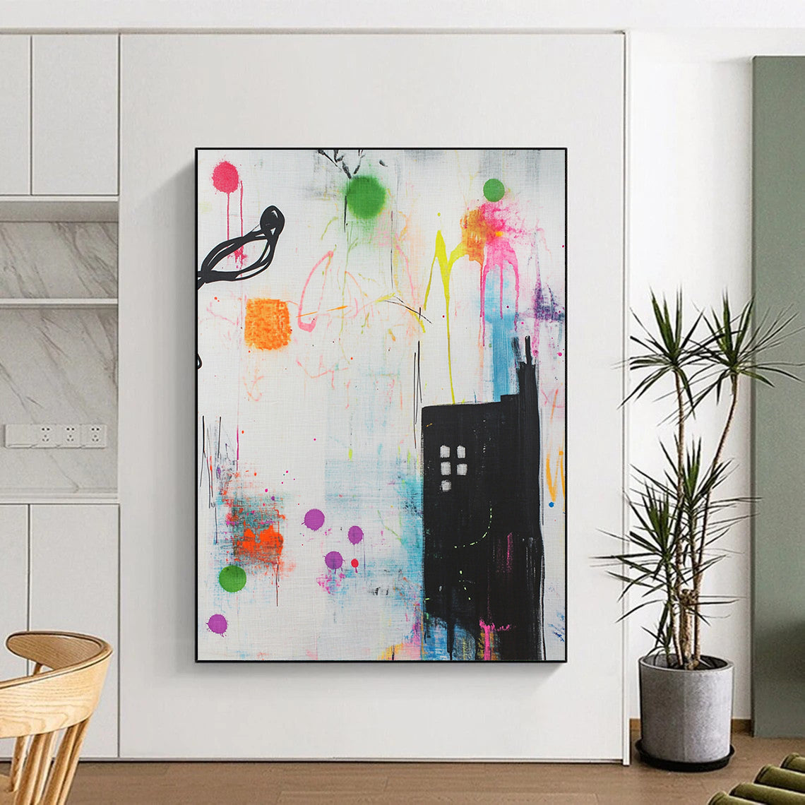 Contemporary hand-painted abstract artwork features vibrant shapes lines and urban building designs enriched with graffiti splashes creating a dynamic and playful atmosphere. DLZ1515