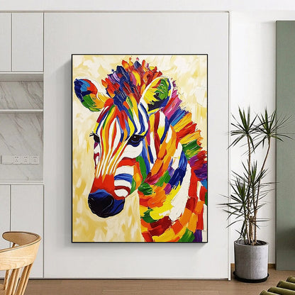 Vibrant contemporary abstract painting featuring a textured zebra on a beige background radiating cheerful energy and bold colors. DLZ1401