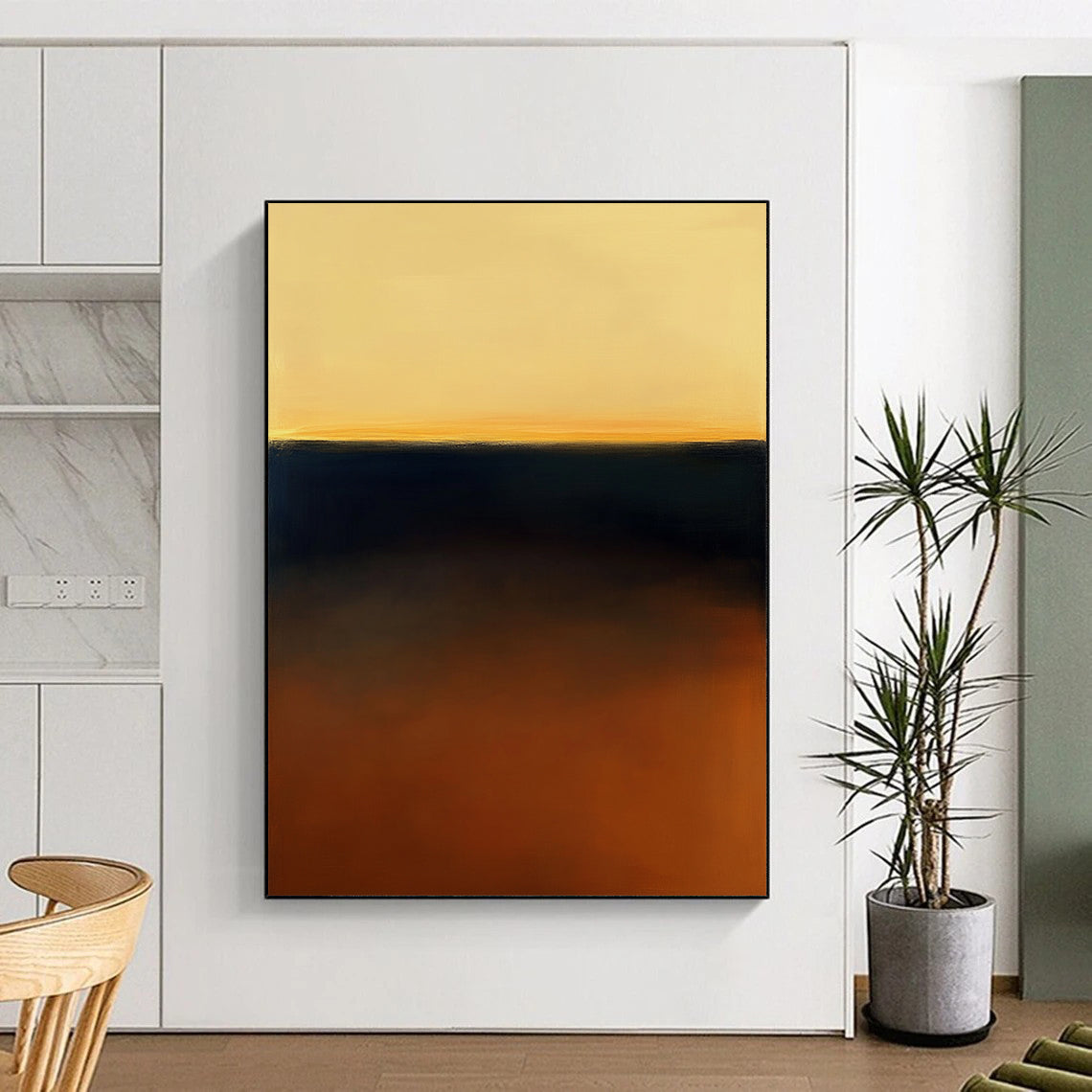 Contemporary abstract art featuring a stunning amber and navy gradient reflecting the golden hour inspired by Mark Rothko's style. DLZ1356