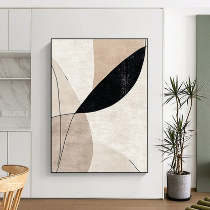 Contemporary handcrafted abstract art featuring elegant lines and curves in beige tones with striking black accents, perfect for sophisticated decor. DLZ0797
