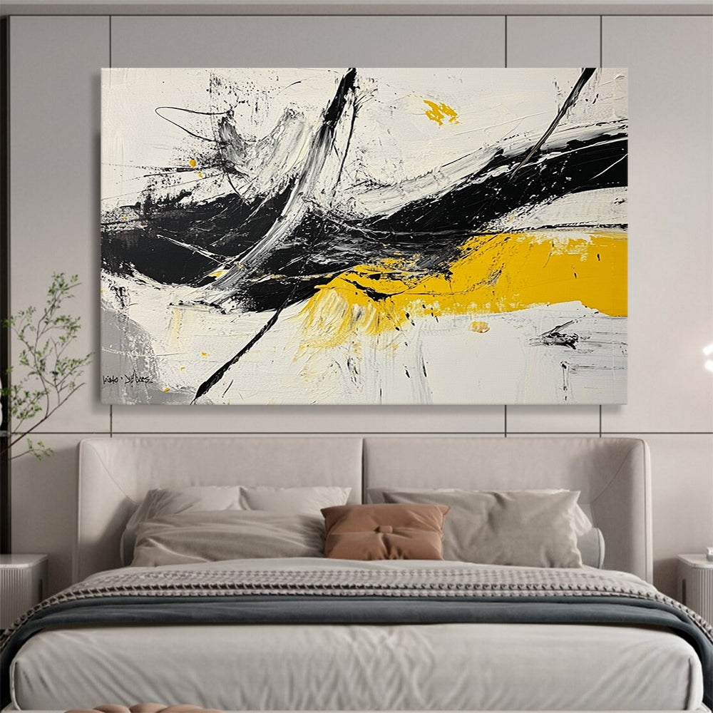 “Dynamic Splashes” - Black, White, Yellow, Abstract Expressionist Painting On Canvas HB1045