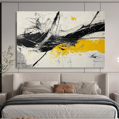 “Dynamic Splashes” - Black, White, Yellow, Abstract Expressionist Painting On Canvas HB1045