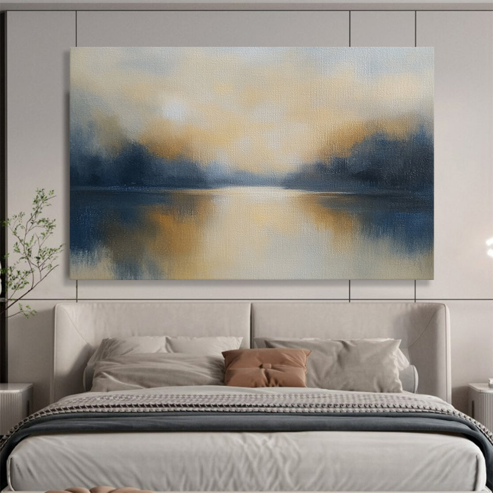 “Misty Lake at Dawn” - Greys, Yellows, Blues, Foggy Lake - Minimalist Oil Painting HB1569