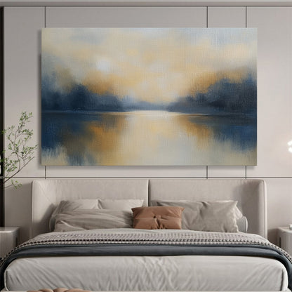 “Misty Lake at Dawn” - Greys, Yellows, Blues, Foggy Lake - Minimalist Oil Painting HB1569