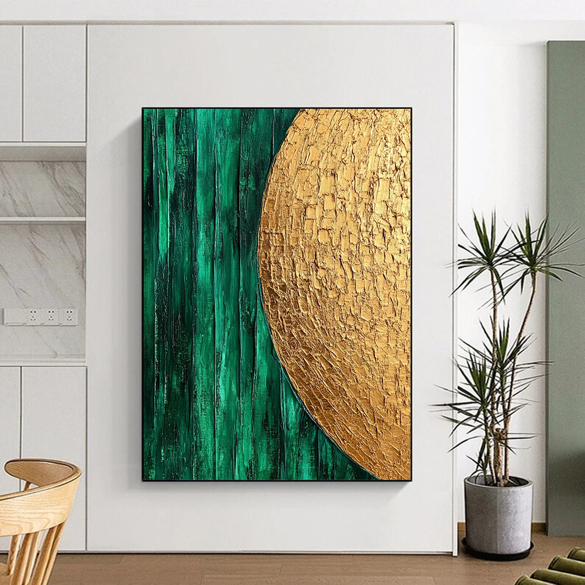 Contemporary hand-painted abstract art featuring emerald green and gold with smooth brush strokes and organic white textured patterns. DLZ0916