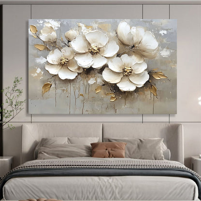 “White Flowers with Gold Accents” - White, Gold, Gray, Textured White Flowers with Gold Details - Impasto Oil Painting HB1784