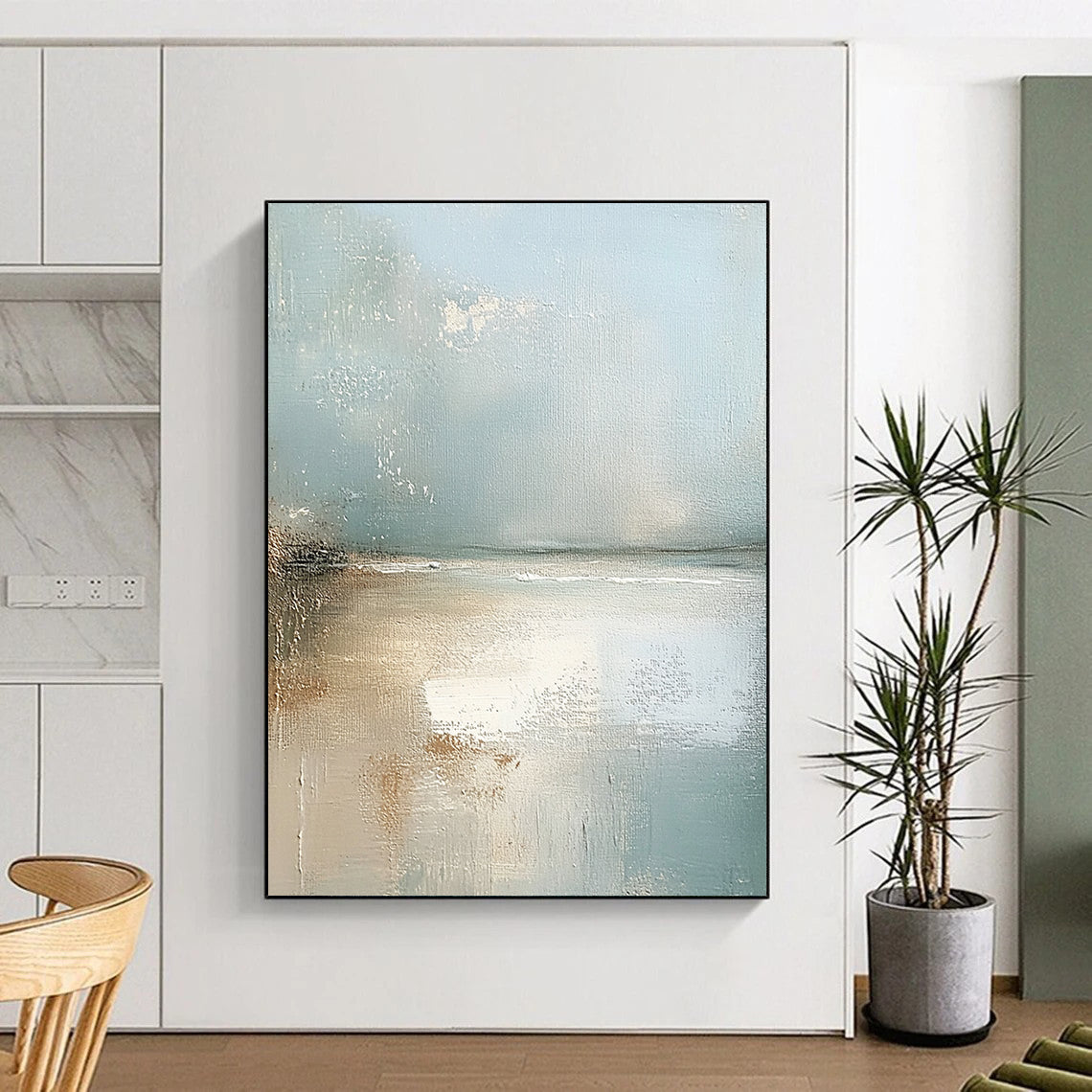Contemporary abstract painting showcasing an Irish beach with light blue and neutral tones featuring soft edges and a serene atmosphere. DLZ0460