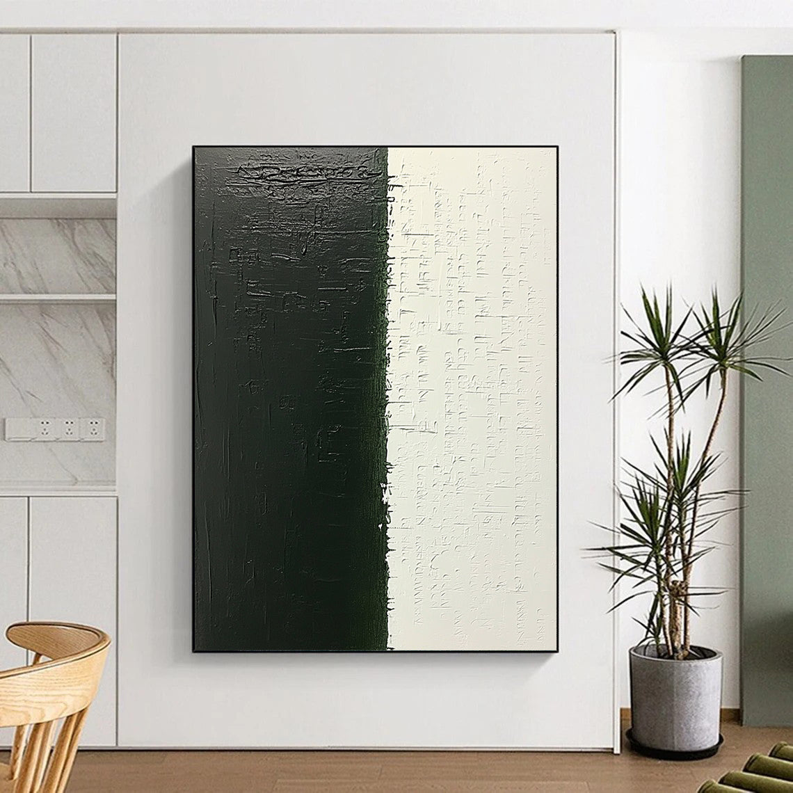 Contemporary abstract canvas featuring dark green handwritten text and layered black ink, evoking a sense of hidden narratives awaiting discovery. DLZ1522