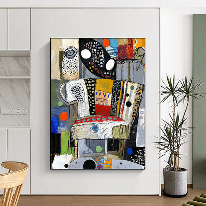 Contemporary abstract painting showcasing vibrant colors and dynamic textures evoking a stylized chair through circles and swirls. DLZ1367