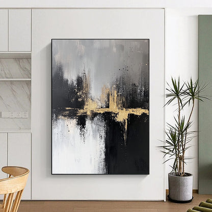 Contemporary abstract artwork featuring textured black and white brush strokes with gold accents capturing a serene cityscape atmosphere in neutral tones. DLZ0317