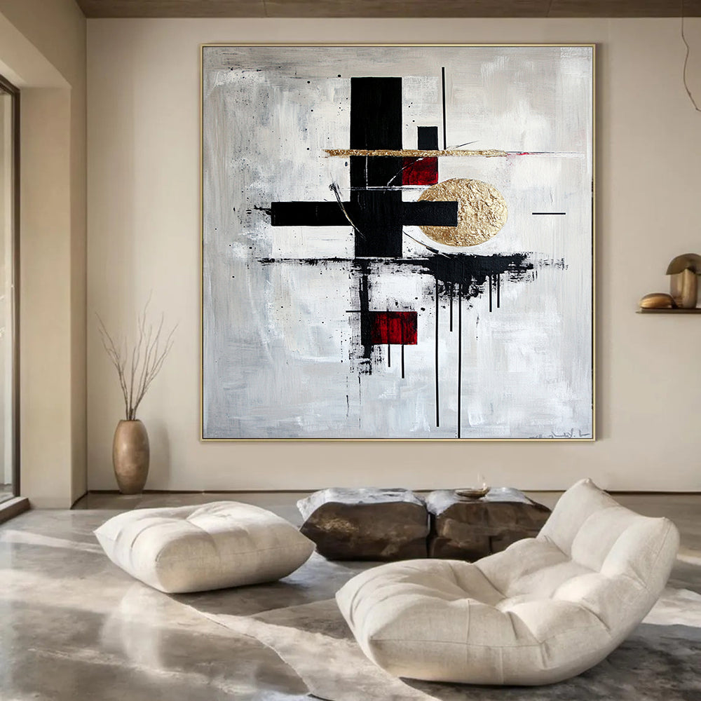 Black, White, Gold, Red with Bold Forms "Artistic Fusion" Abstract Painting On Canvas HB005