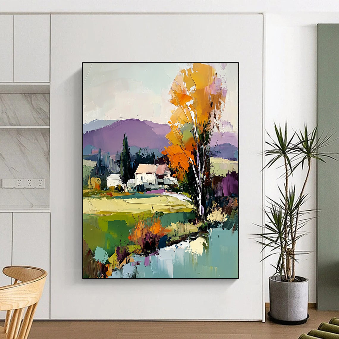 Contemporary abstract painting featuring vibrant trees, a house, and a flowing river under a light blue sky with distant purple mountains. DLZ1588