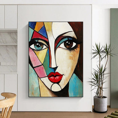 Contemporary abstract painting featuring a woman's face with large eyes vibrant geometric shapes red lips and brown hair on a square canvas. DLZ0376