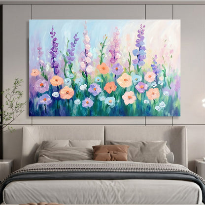 “Pastel Flower Meadow” - Soft lavender, peach, blue flowers, Impressionist Floral Painting On Canvas HB0580