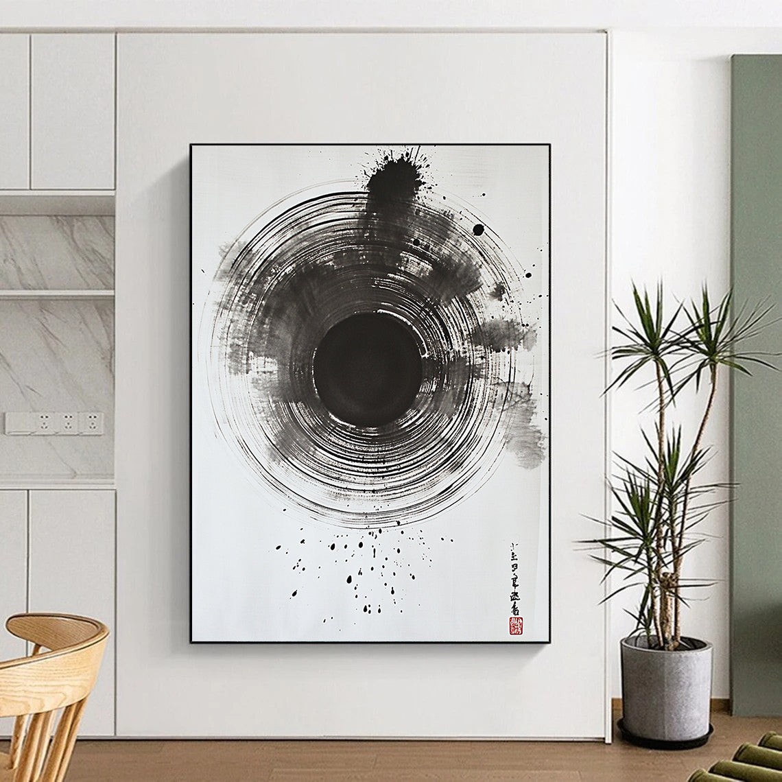 Black Gradient Circular Ink - “Subtle Enso Depth” Painting On Canvas HB234