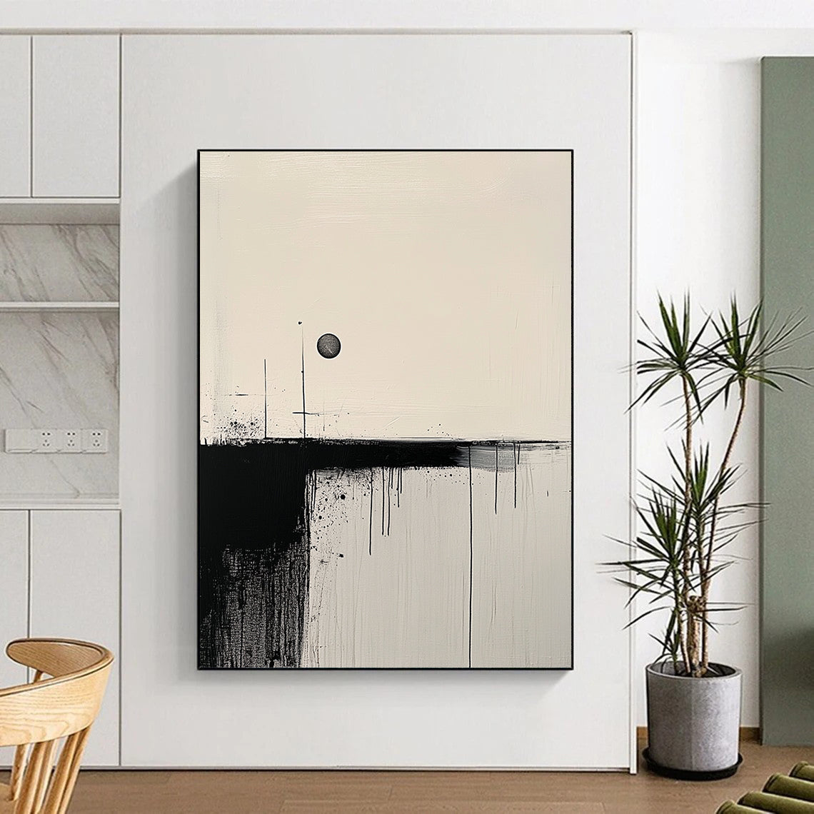 Contemporary hand-painted abstract art featuring minimalist black brushstrokes on a textured white canvas with a contrasting circle for balance. DLZ0766