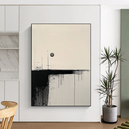 Contemporary hand-painted abstract art featuring minimalist black brushstrokes on a textured white canvas with a contrasting circle for balance. DLZ0766