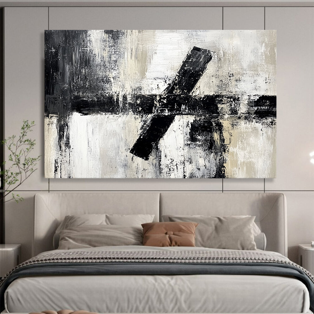“Textured Black - White Cross Abstraction” - Black, White, Gray, Textured Crosses Painting On Canvas HB0803