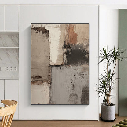 Contemporary hand-painted abstract art featuring soft neutral tones with textured strokes and a moody atmosphere perfect for modern interiors. DLZ1163
