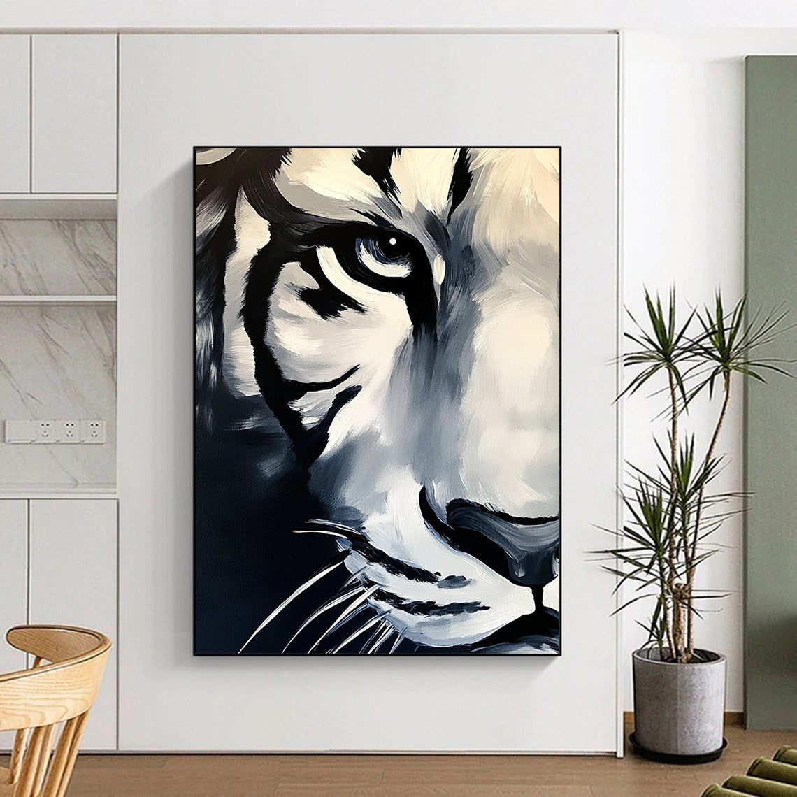 Contemporary abstract painting featuring a white tiger's face in dark tones against a grey background with vibrant brush strokes on canvas. DLZ1567