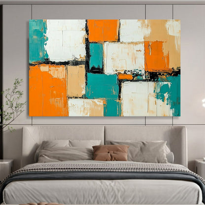 “Colorful Geometric Abstract” - Orange, Teal, Beige, Geometric Abstract Painting On Canvas HB0784