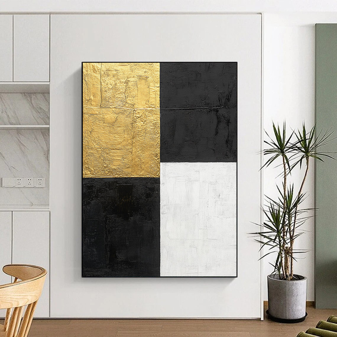 Black, Gold, White with Bold Squares "Minimalist Impact" Abstract Painting On Canvas HB009
