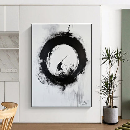 Black and White Textured Circle "Rough Enlightenment" Painting On Canvas HB265