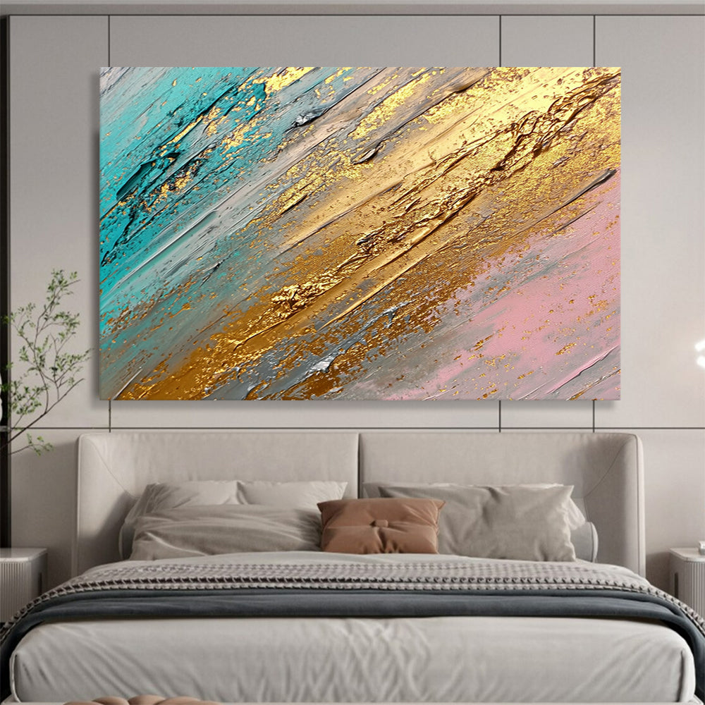 “Teal and Gold Textures” - Teal, Gold, Gray, Pink, Layered Textures - Abstract Impasto Acrylic Painting HB1548