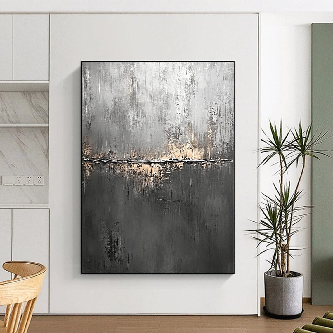 Contemporary abstract painting features a textured dark gray canvas with subtle brush strokes creating depth and visual intrigue. DLZ1281