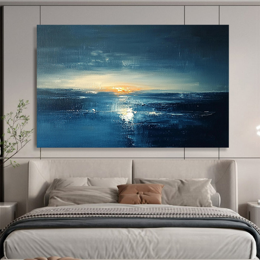 “Dark Blue Sunset Seascape” - Dark Blue, Orange, White, Dramatic Seascape Painting On Canvas HB1012