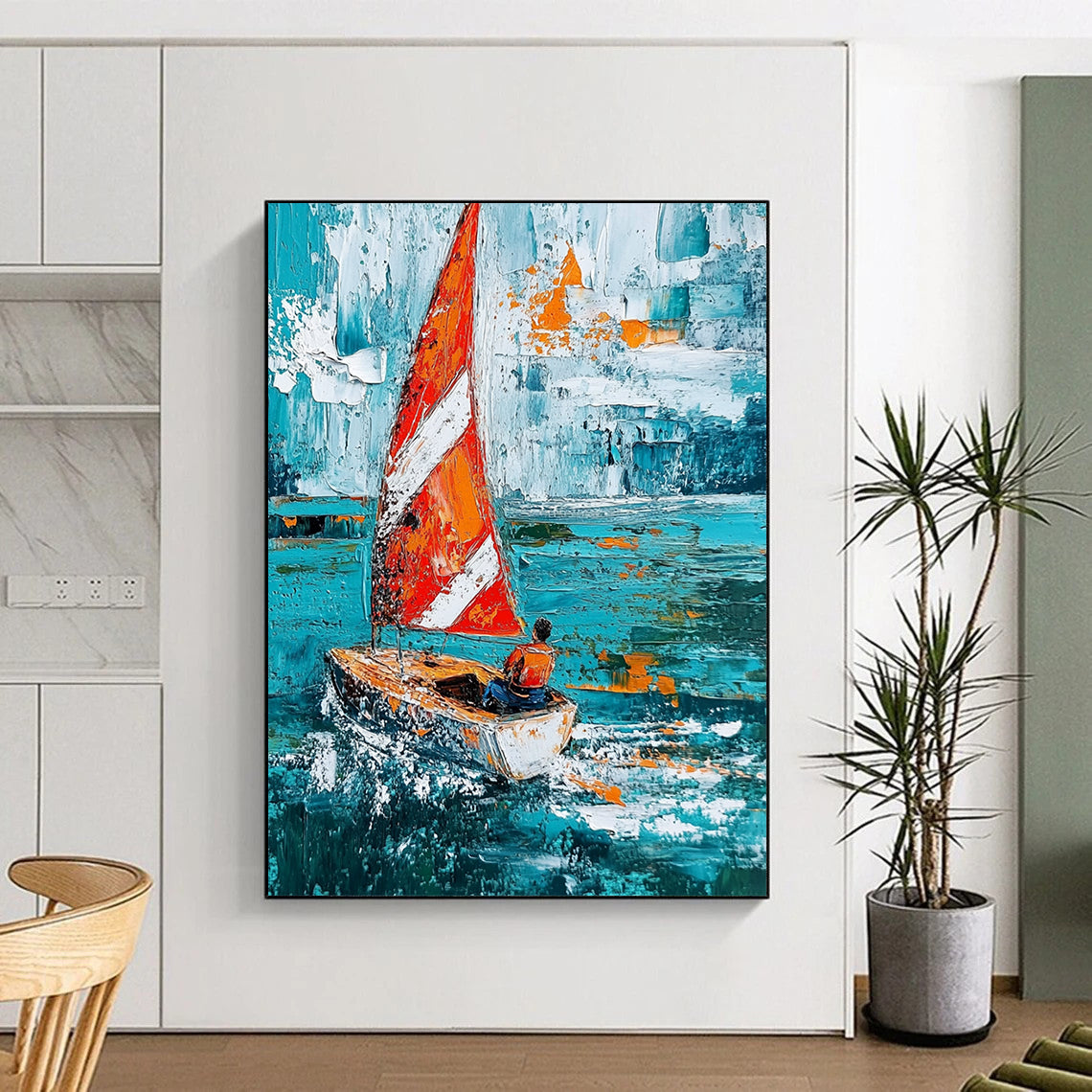 Contemporary hand-painted abstract art showcasing a sailboat with striped sails navigating turquoise waves, featuring expressive brush strokes and textured impasto techniques. DLZ1697