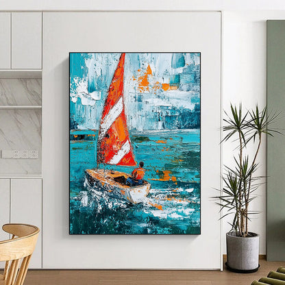 Contemporary hand-painted abstract art showcasing a sailboat with striped sails navigating turquoise waves, featuring expressive brush strokes and textured impasto techniques. DLZ1697