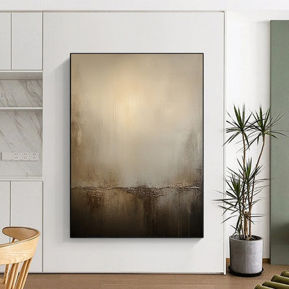 Large contemporary hand-painted abstract artwork in warm neutral tones featuring textured beige walls that evoke tranquility and depth without clear outlines. DLZ0988