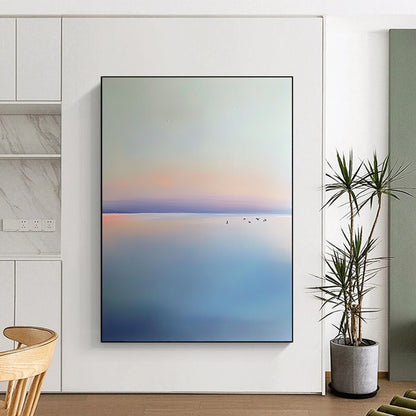 Contemporary hand-painted abstract artwork featuring a light blue and purple sky, birds, calm horizon, and serene beach in a minimalist style. DLZ0648