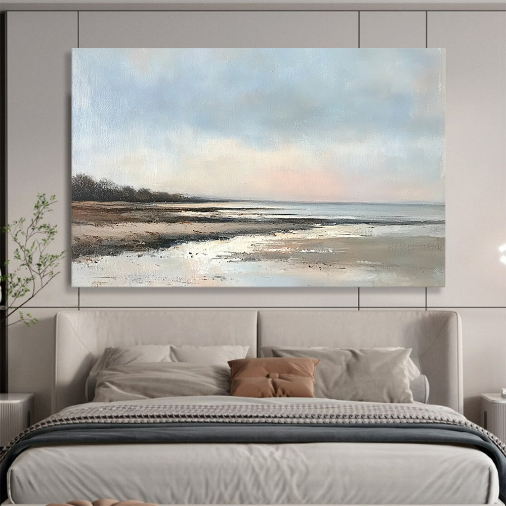 “Serene Coastal Shore” - Blues, Browns, Whites, Beach Scene - Realist Oil Painting HB1594