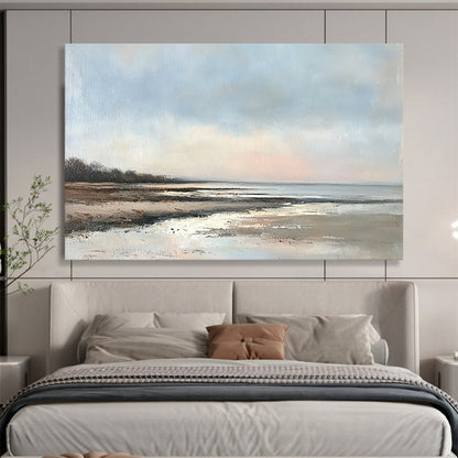 “Serene Coastal Shore” - Blues, Browns, Whites, Beach Scene - Realist Oil Painting HB1594