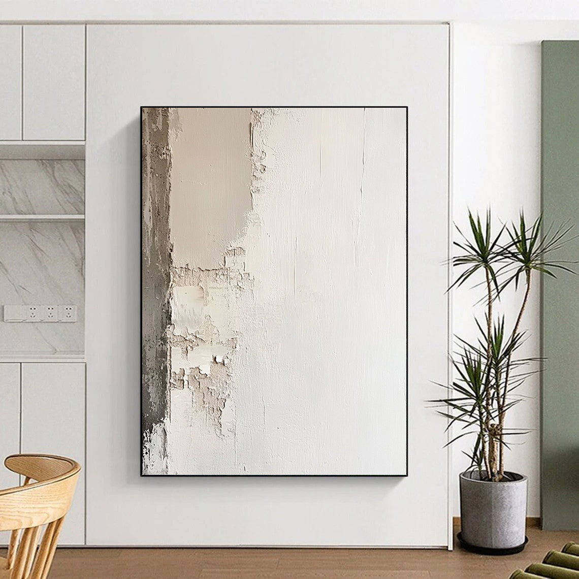 Contemporary abstract painting featuring a white plaster wall with chipped edges in neutral tones for a minimalistic and simple aesthetic. DLZ0608