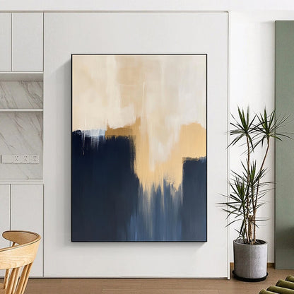 Contemporary hand-painted abstract artwork showcases minimalistic dark blue navy and beige hues with striking gold accents. DLZ0884